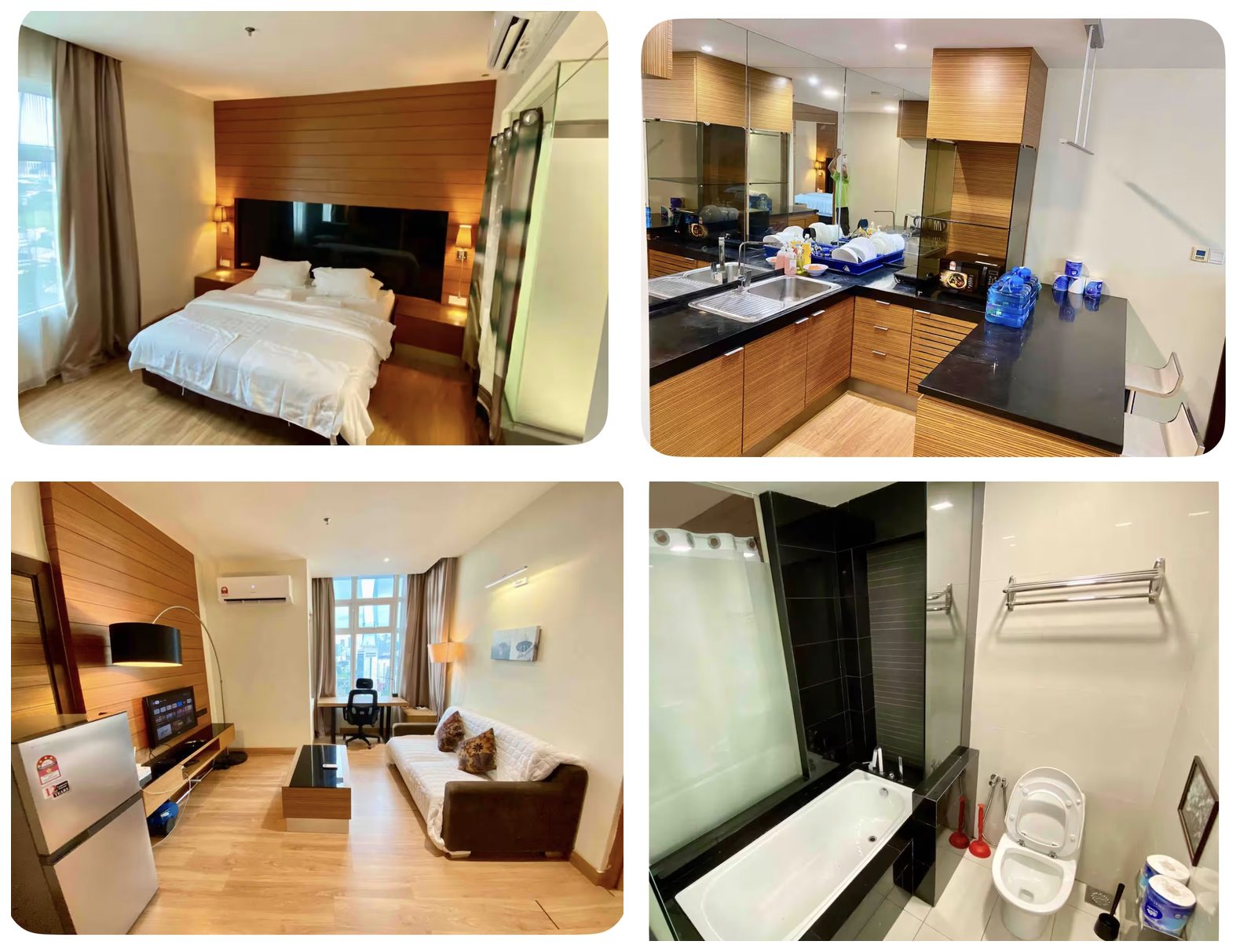 K Series four-photo collage showing bedroom, kitchen, lounge and bathroom